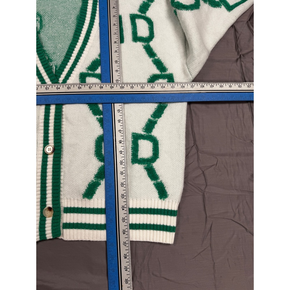 Womens Green White Geometric Chain Knit Button Front Varsity Cardigan 4XL - Picture 5 of 5